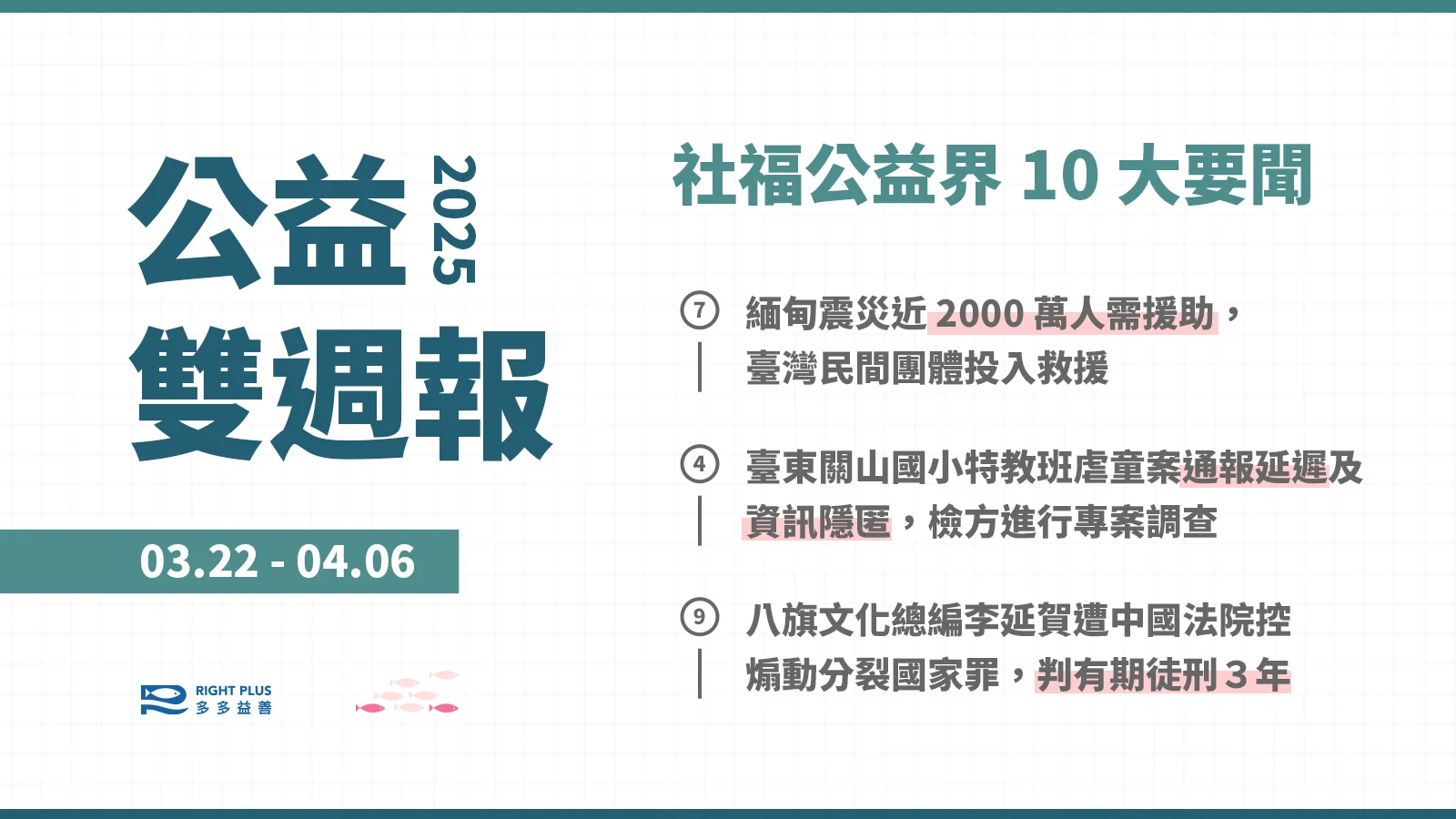 【雙週報｜03/22-04/06】緬甸震災近 2000 萬人需援助、臺東關山國小特教班虐童延誤處理、八旗總編李延賀遭中國判刑３年's story cover image