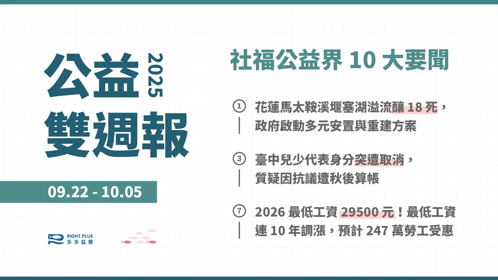 【雙週報｜09/22-10/05】花蓮馬太鞍溪堰塞湖溢流釀 18 死、臺中兒少代表突遭奪權、2026 最低工資調升至 29500 元's story cover image