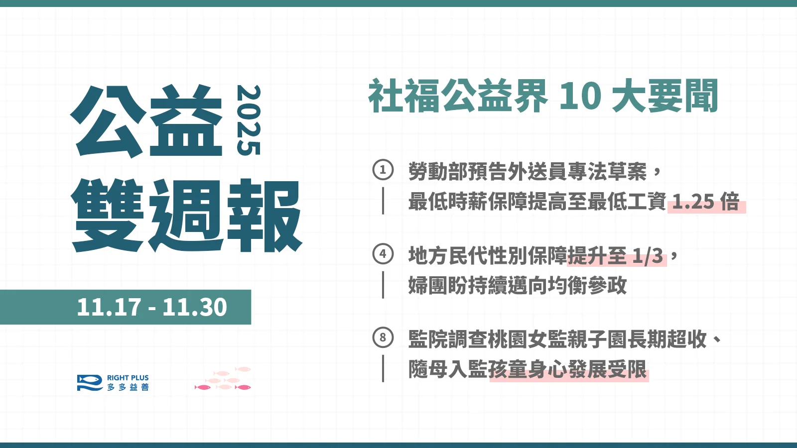 【雙週報｜11/17-11/30】外送員專法最低時薪提高至最低工資 1.25 倍、地方民代性別保障提升至 1/3、監院揭桃園女監隨母入監孩童身心發展受限's story cover image