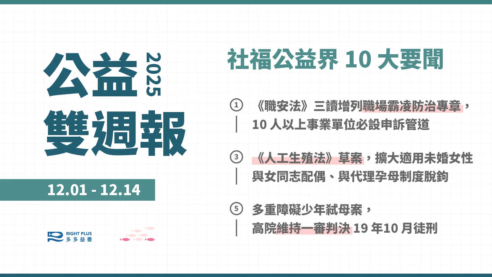 【雙週報｜12/01-12/14】《職安法》增設職場霸凌專章、《人工生殖法》擴大適用未婚女性與女同志配偶、多重障礙少年弒母案高院維持 19 年 10 月徒刑's story cover image