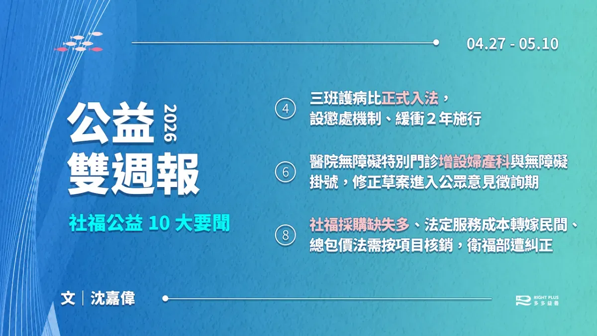 【雙週報｜04/27-05/10】三班護病比入法但恐延２年施行、無障礙特別門診將增設婦產科、社福採購缺失多監院糾正衛福部's story cover image