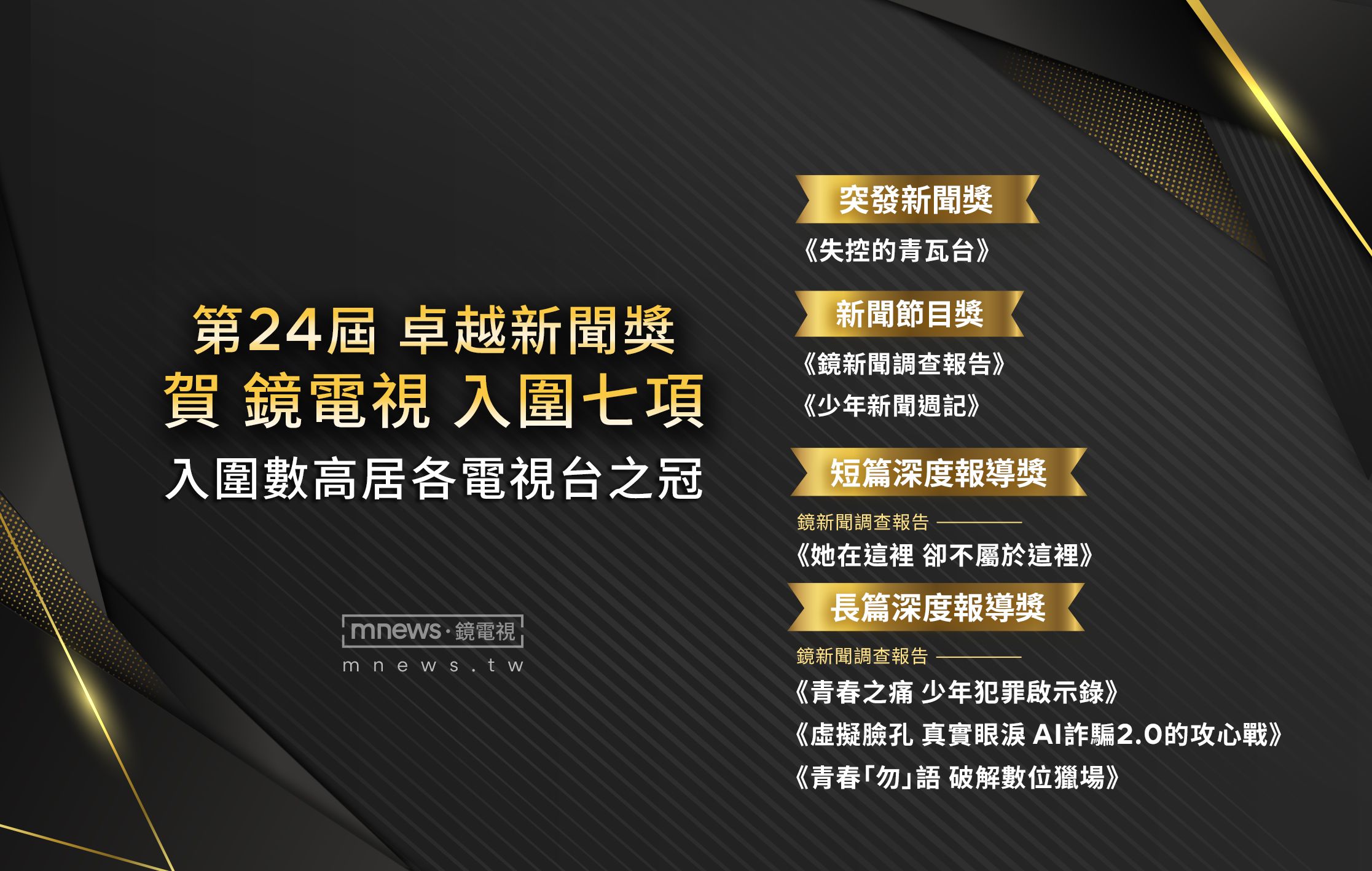 卓越新聞獎公布入圍 鏡電視破紀錄入圍7項名列電視台第一's story cover image